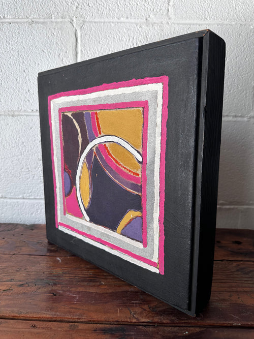 Geometric painting in pink, silver and gold