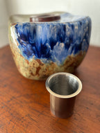 Blue and tan ceramic vessel