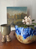 Blue and tan ceramic vessel