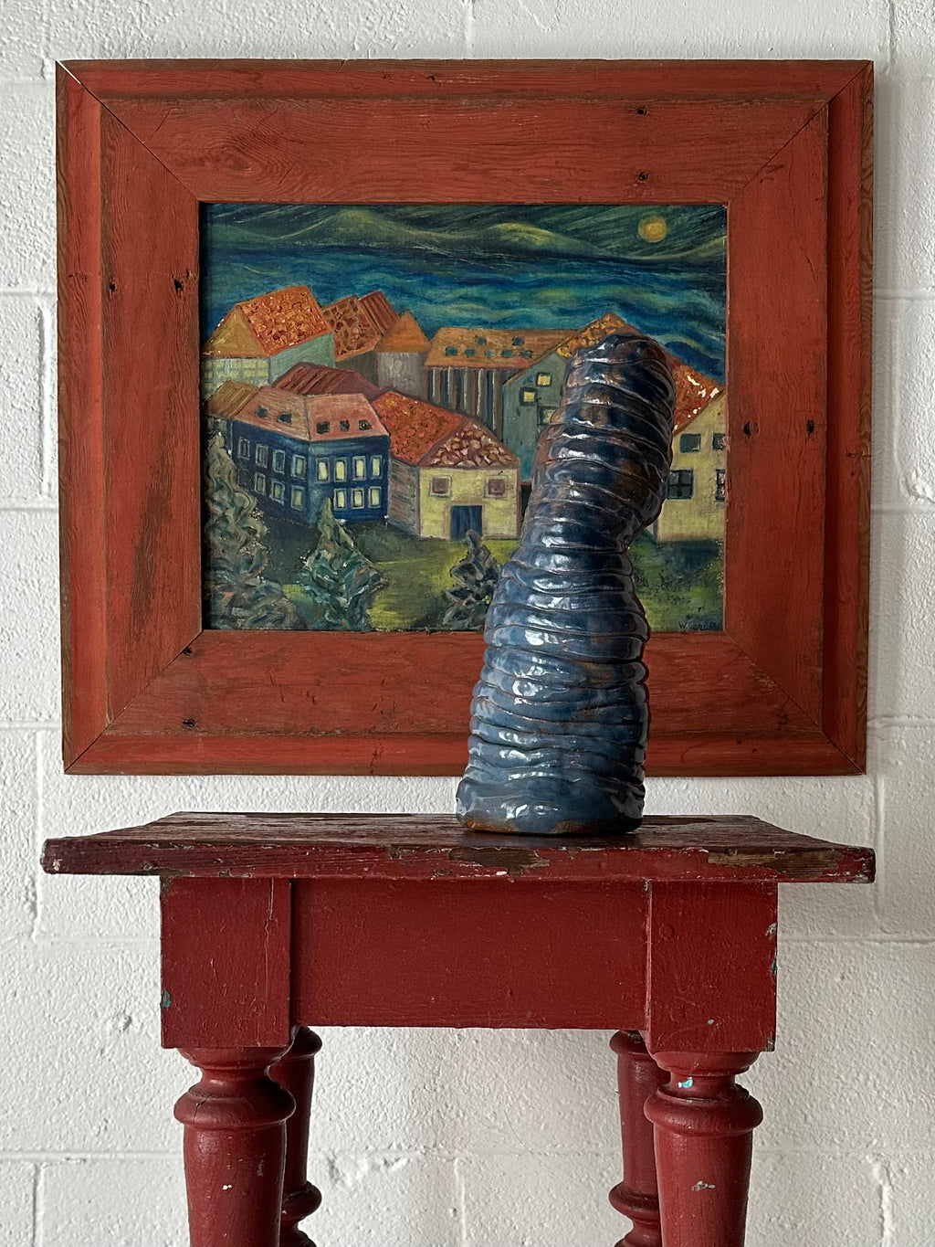 Folk Art Side Table with Exaggerated Turned Legs