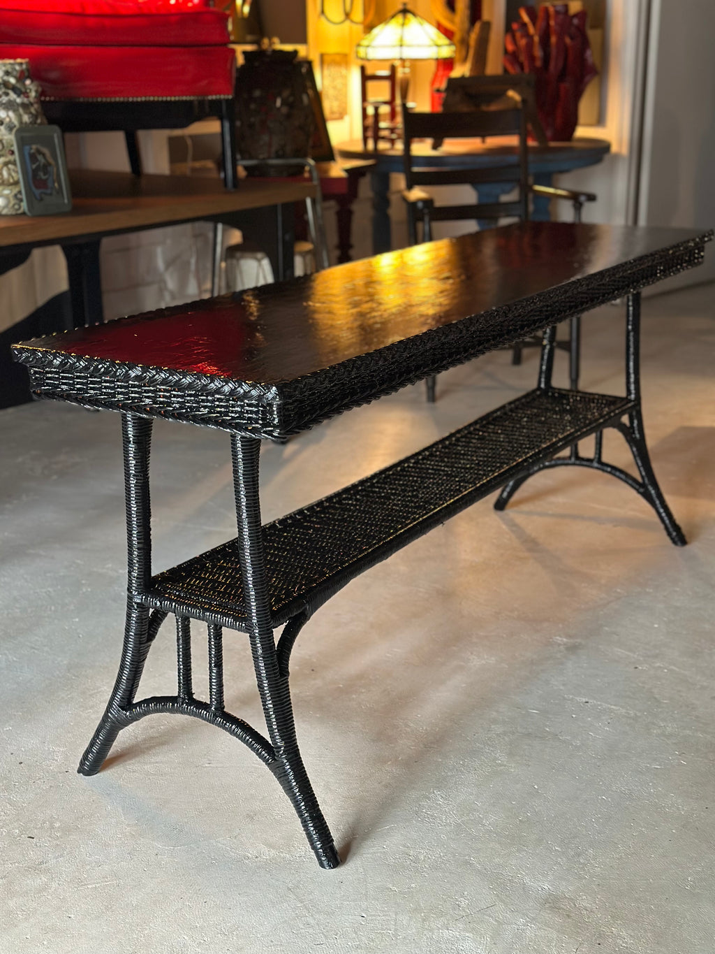 1930s Black Wicker Console Table