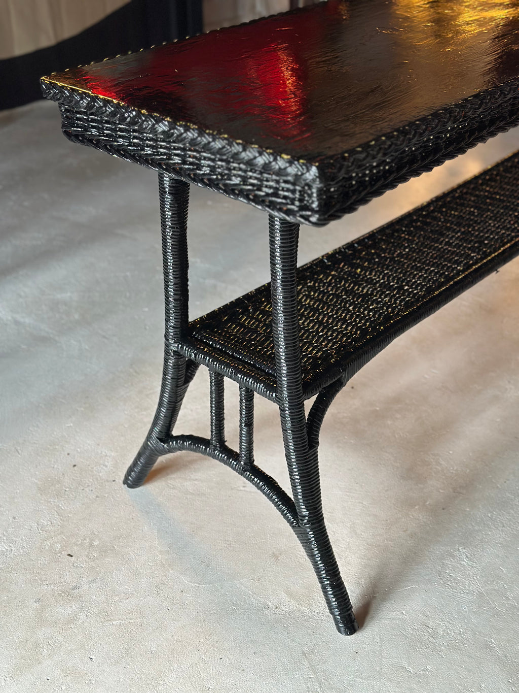 1930s Black Wicker Console Table