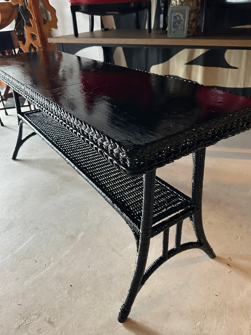 1930s Black Wicker Console Table