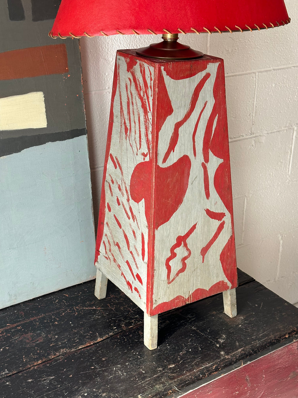 Red and Gray Folk Art Table Lamp