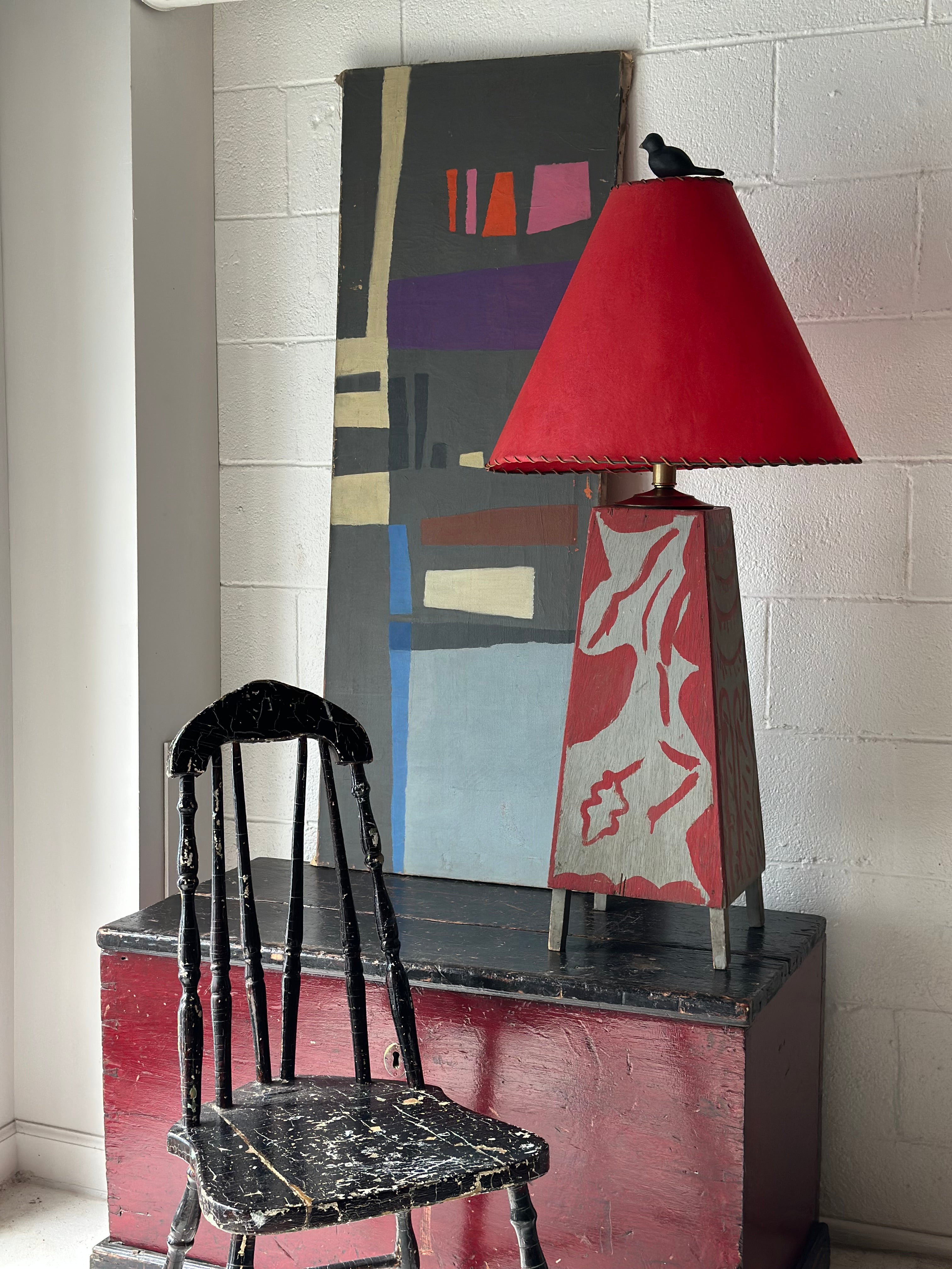 Red and Gray Folk Art Table Lamp